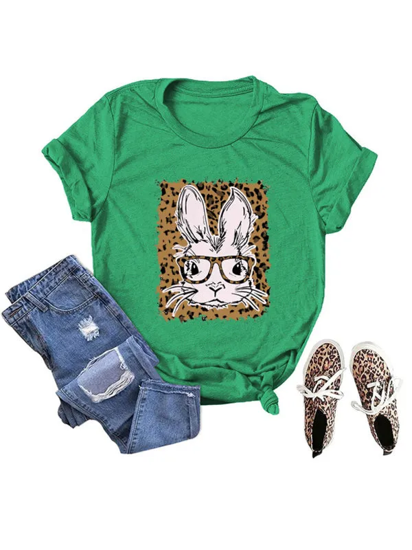 Suzanne Women's Easter Leopard Bunny Print Casual Short Sleeve T-Shirt