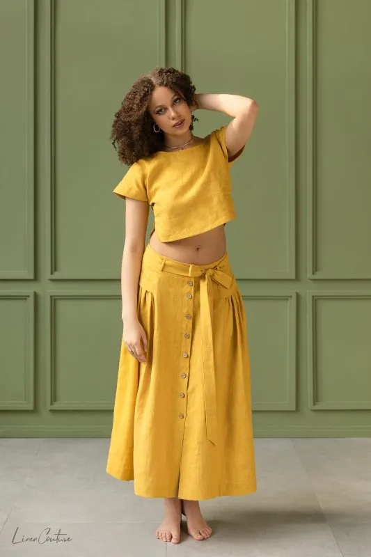 Taormina Honey Linen Crop Top and Midi Skirt Set