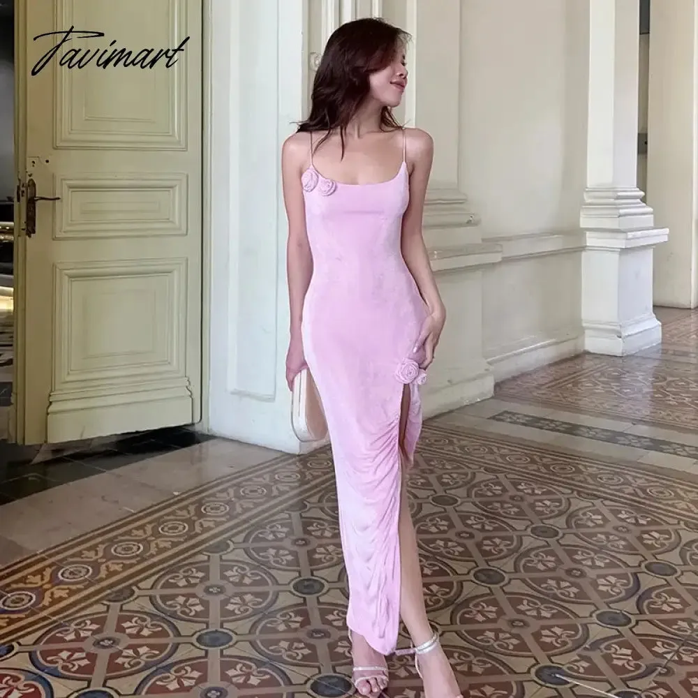 TAVIMART -  Flower Side Slit Dress Women Sleeveless Sexy Off Shoulder Bodycon Sundress Lady Party Elegant Slim Evening Dress Woman