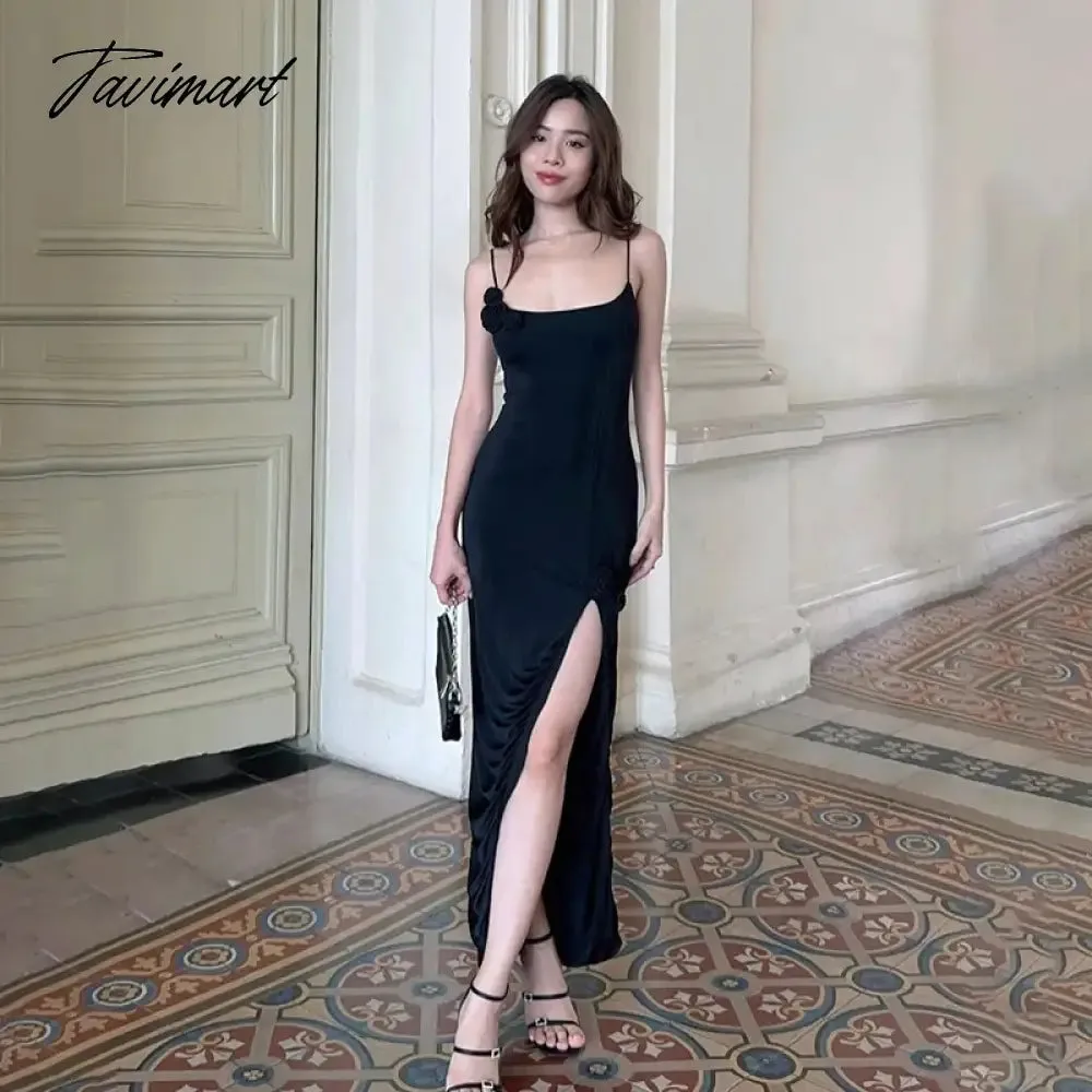 TAVIMART -  Flower Side Slit Dress Women Sleeveless Sexy Off Shoulder Bodycon Sundress Lady Party Elegant Slim Evening Dress Woman