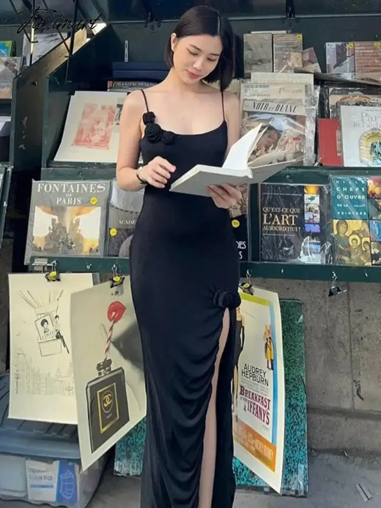TAVIMART -  Flower Side Slit Dress Women Sleeveless Sexy Off Shoulder Bodycon Sundress Lady Party Elegant Slim Evening Dress Woman