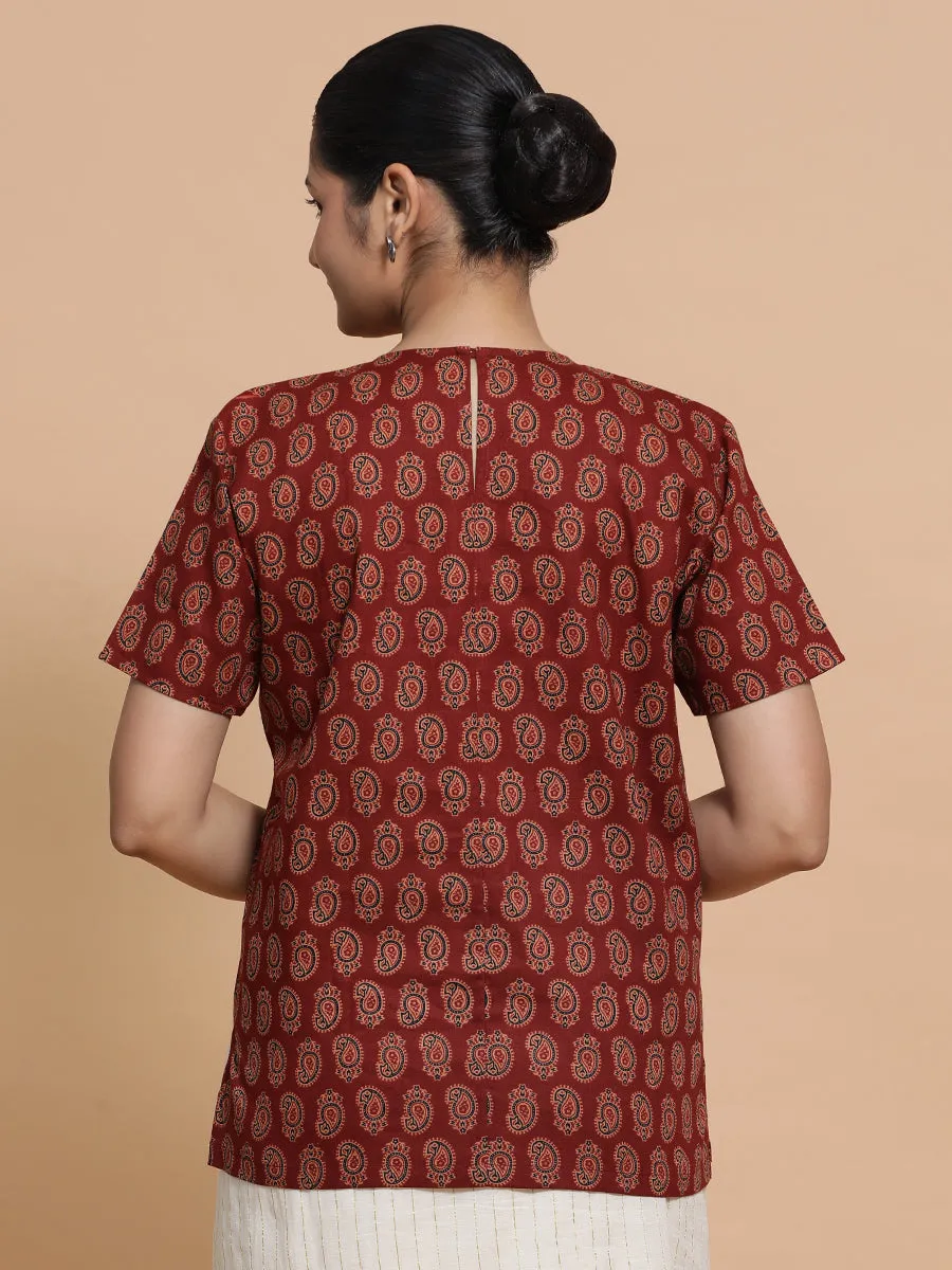 Uditi x Rozaana | Short Sleeves Cotton Saree Blouse in Red Mango Block Print Fabric