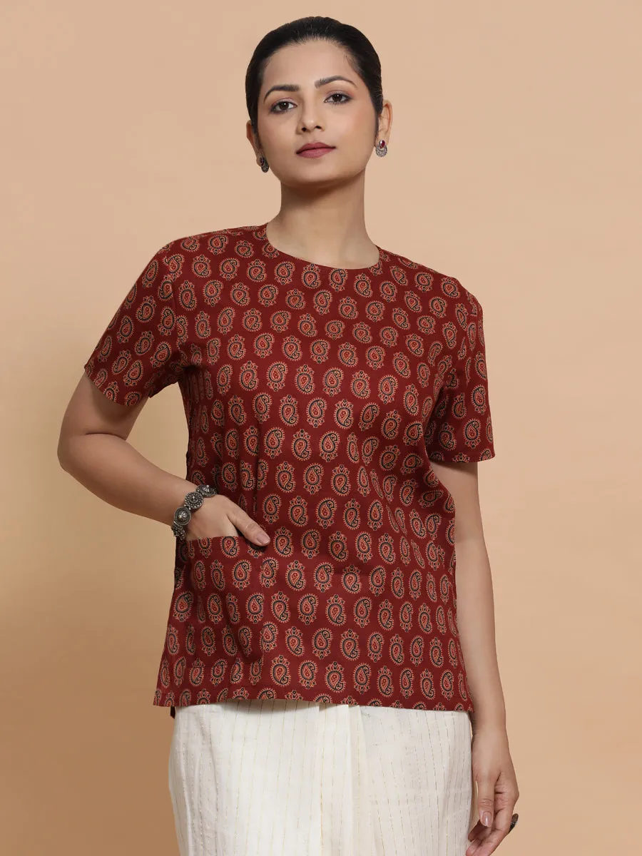 Uditi x Rozaana | Short Sleeves Cotton Saree Blouse in Red Mango Block Print Fabric