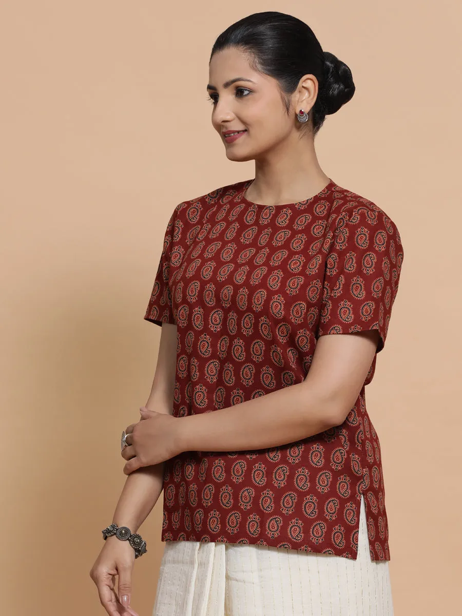 Uditi x Rozaana | Short Sleeves Cotton Saree Blouse in Red Mango Block Print Fabric