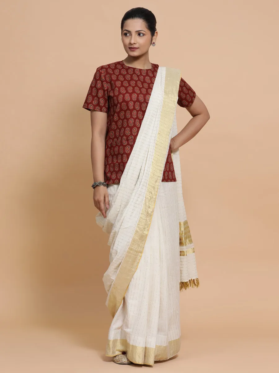 Uditi x Rozaana | Short Sleeves Cotton Saree Blouse in Red Mango Block Print Fabric