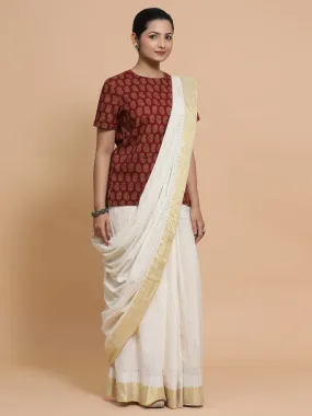 Uditi x Rozaana | Short Sleeves Cotton Saree Blouse in Red Mango Block Print Fabric