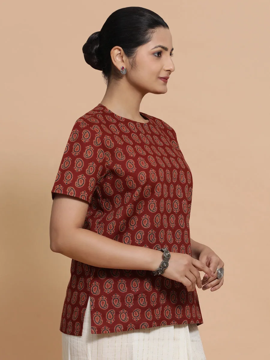 Uditi x Rozaana | Short Sleeves Cotton Saree Blouse in Red Mango Block Print Fabric