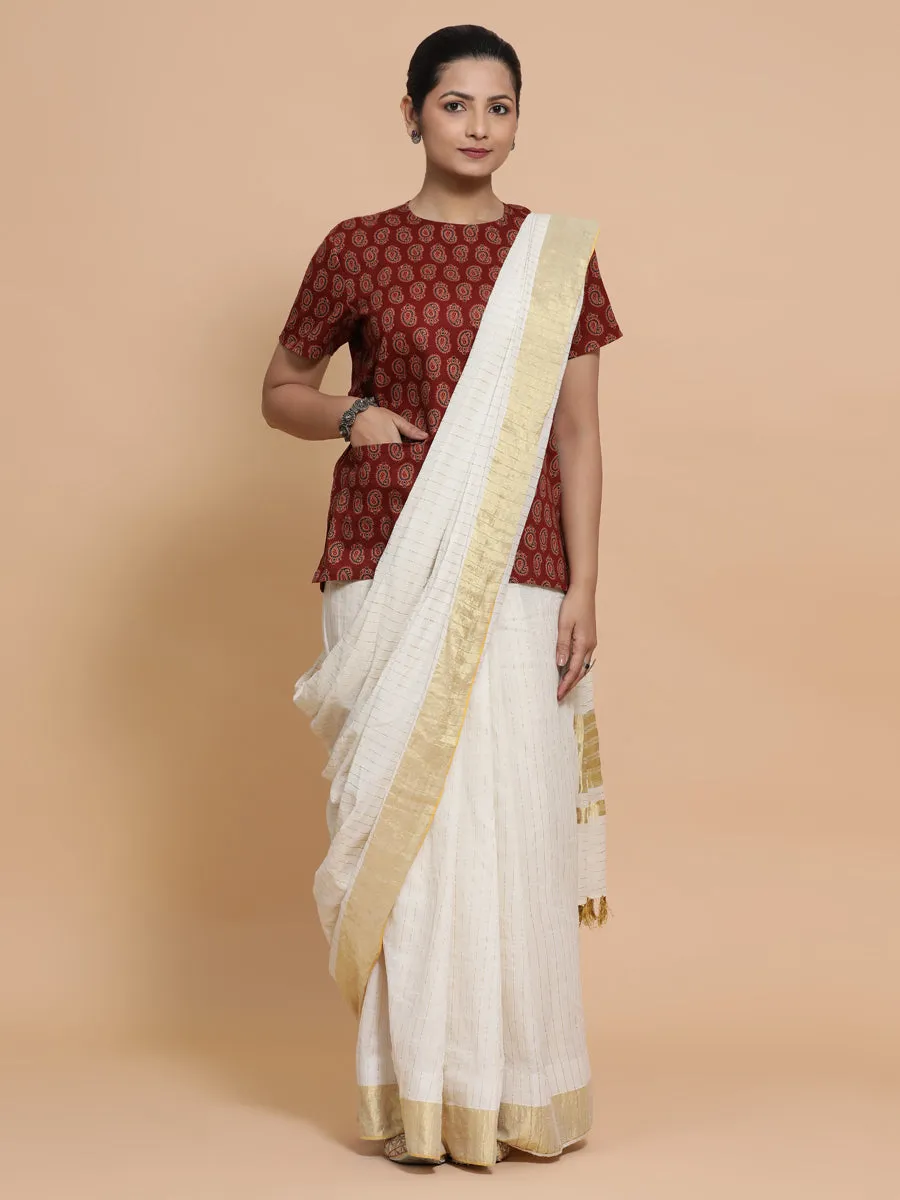 Uditi x Rozaana | Short Sleeves Cotton Saree Blouse in Red Mango Block Print Fabric