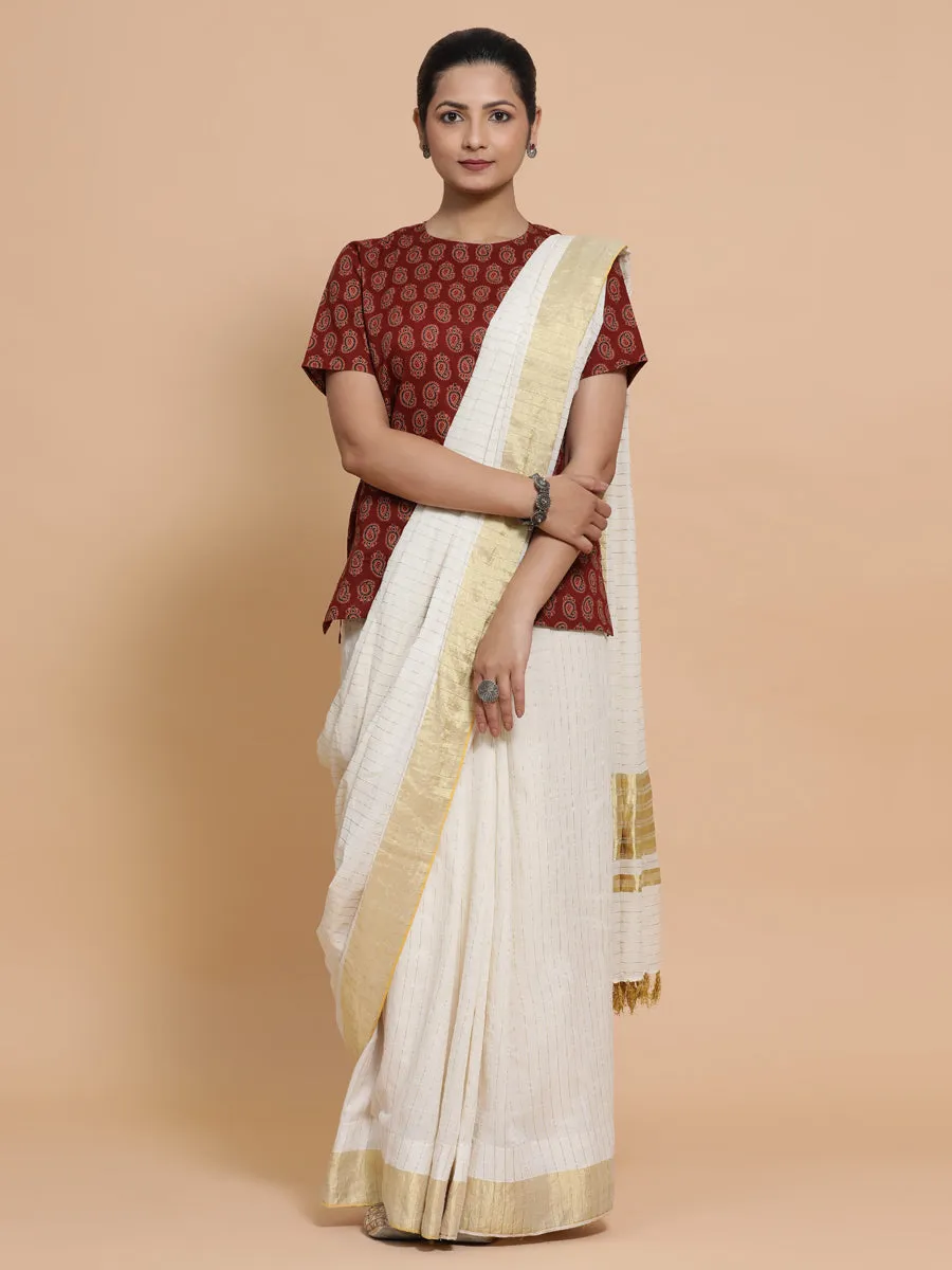 Uditi x Rozaana | Short Sleeves Cotton Saree Blouse in Red Mango Block Print Fabric
