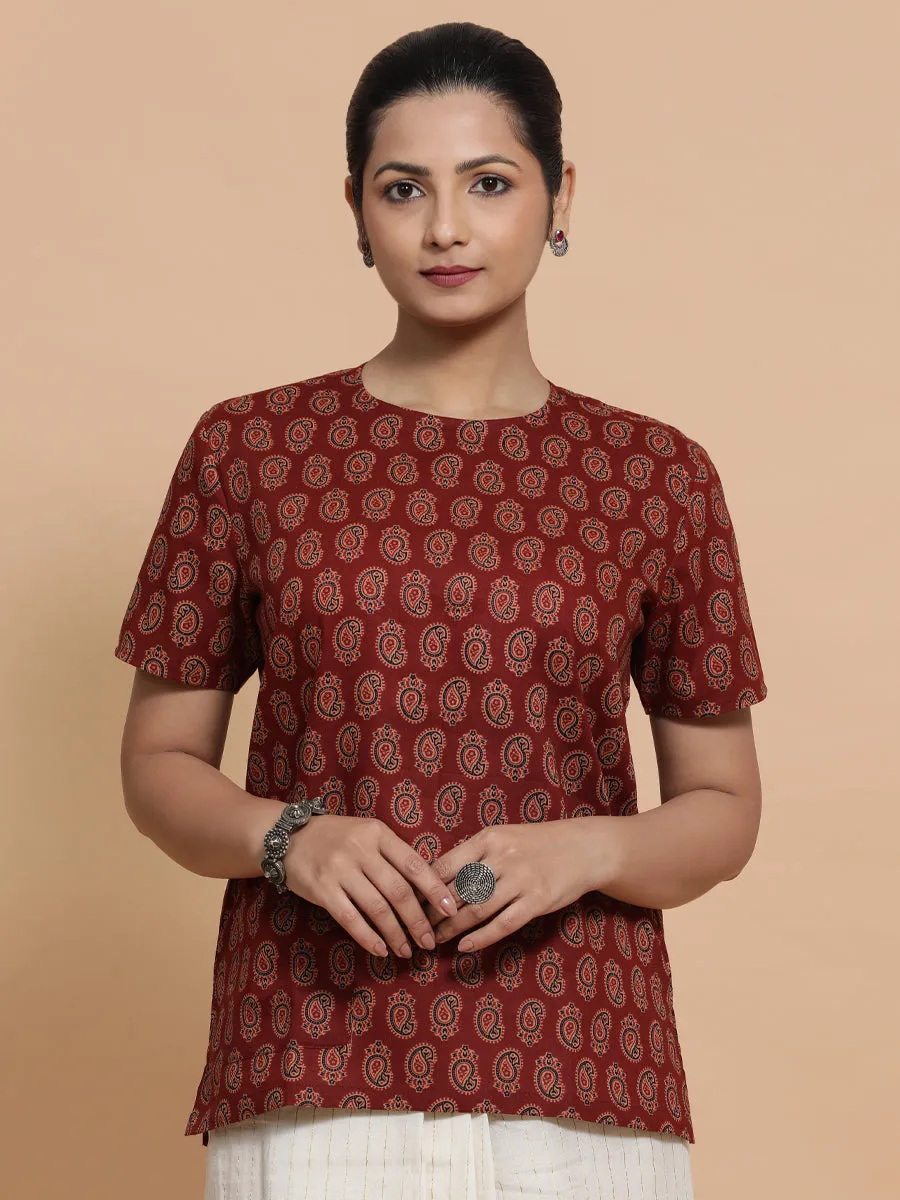 Uditi x Rozaana | Short Sleeves Cotton Saree Blouse in Red Mango Block Print Fabric