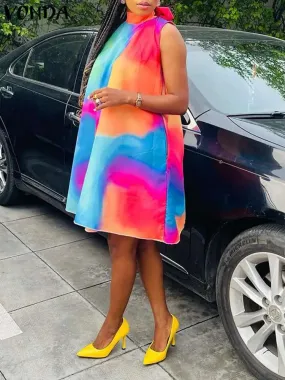 Uniwim Plus Size 5XL VONDA Sexy Dress Women 2024 Summer Sleeveless Mini Sundress Bohemian Printed Bandage Casual Loose Tank Beach Robe