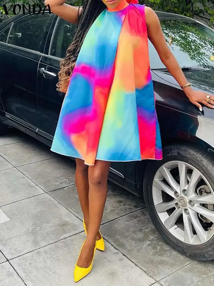 Uniwim Plus Size 5XL VONDA Sexy Dress Women 2024 Summer Sleeveless Mini Sundress Bohemian Printed Bandage Casual Loose Tank Beach Robe