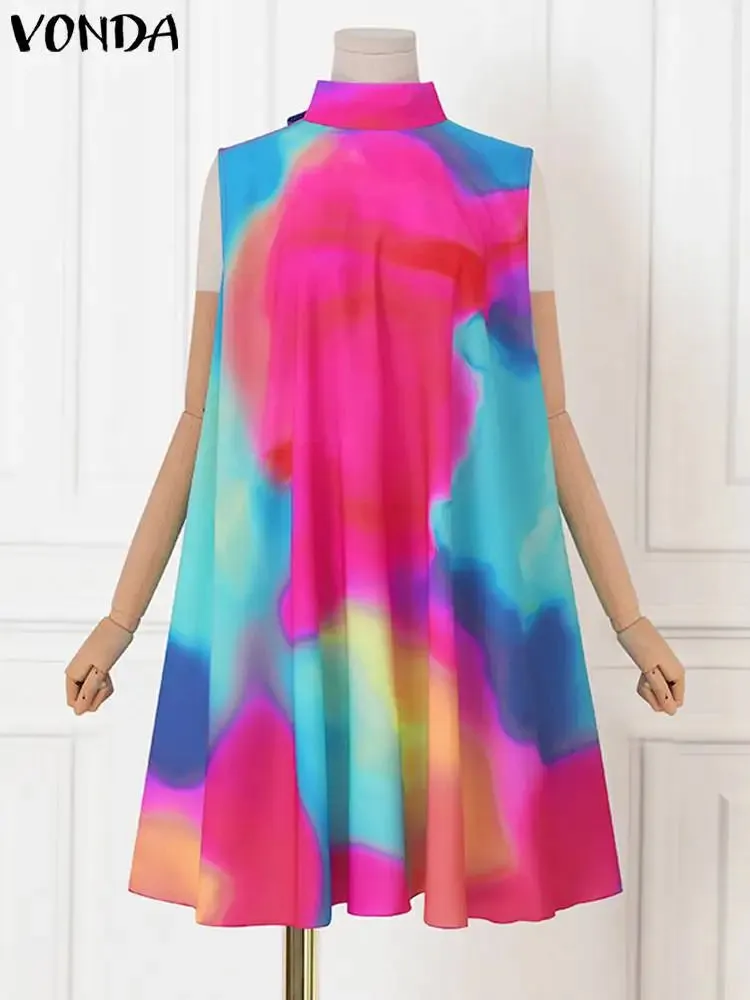 Uniwim Plus Size 5XL VONDA Sexy Dress Women 2024 Summer Sleeveless Mini Sundress Bohemian Printed Bandage Casual Loose Tank Beach Robe