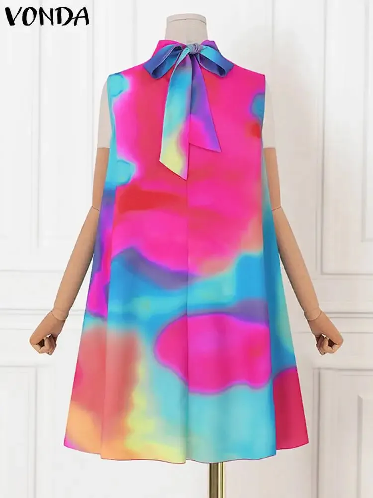 Uniwim Plus Size 5XL VONDA Sexy Dress Women 2024 Summer Sleeveless Mini Sundress Bohemian Printed Bandage Casual Loose Tank Beach Robe