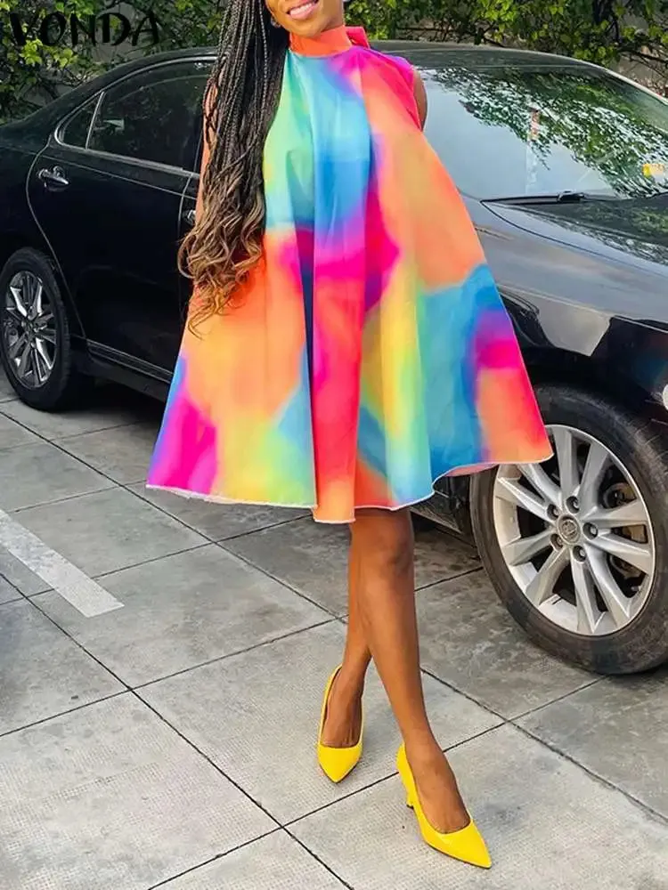 Uniwim Plus Size 5XL VONDA Sexy Dress Women 2024 Summer Sleeveless Mini Sundress Bohemian Printed Bandage Casual Loose Tank Beach Robe