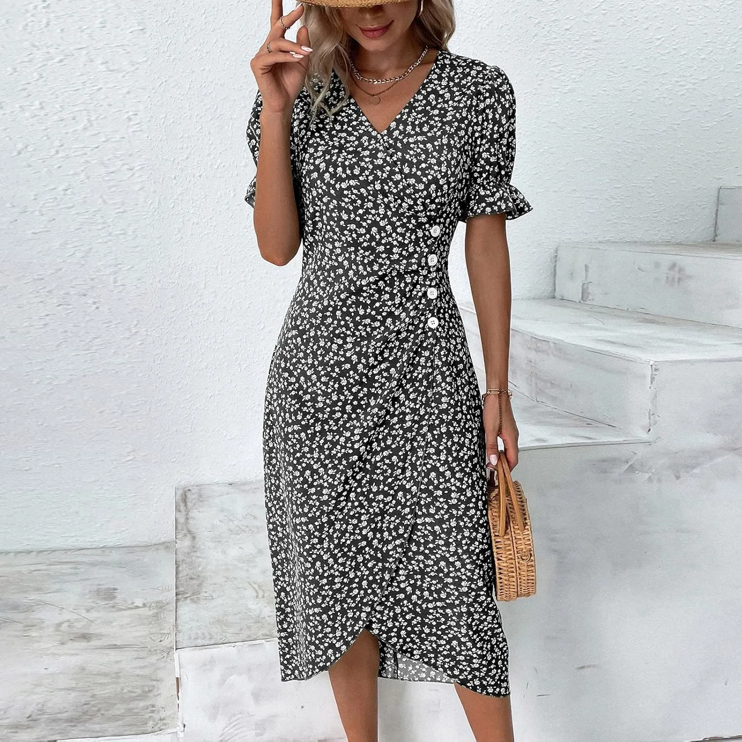 Vestidos para Mujer V Neck Ditsy Floral Flounce Sleeve Summer 2025 Dress Boho Beach Wedding Guest Dress, S-3XL
