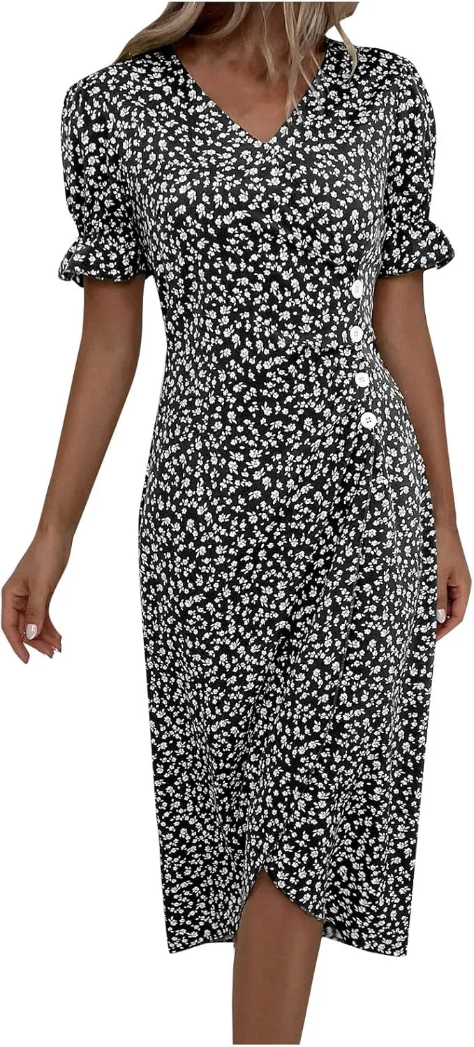 Vestidos para Mujer V Neck Ditsy Floral Flounce Sleeve Summer 2025 Dress Boho Beach Wedding Guest Dress, S-3XL