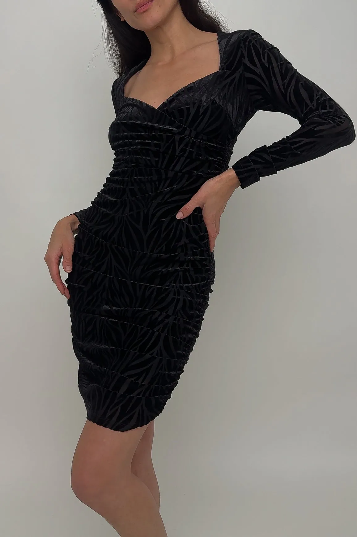 Vintage Onyx Velvet Zebra Print Long Sleeve Dress