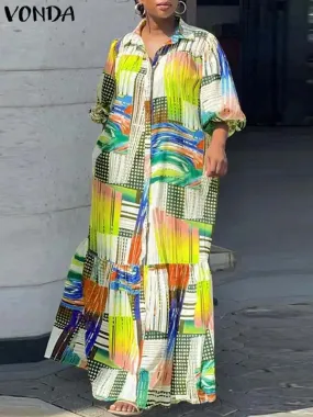 VONDA Plus Size Bohemian Printed Dress 2024 Autumn Women Elegant Long Sleeve Vintage Maxi Sundress Casual Buttons Loose Robe 5XL
