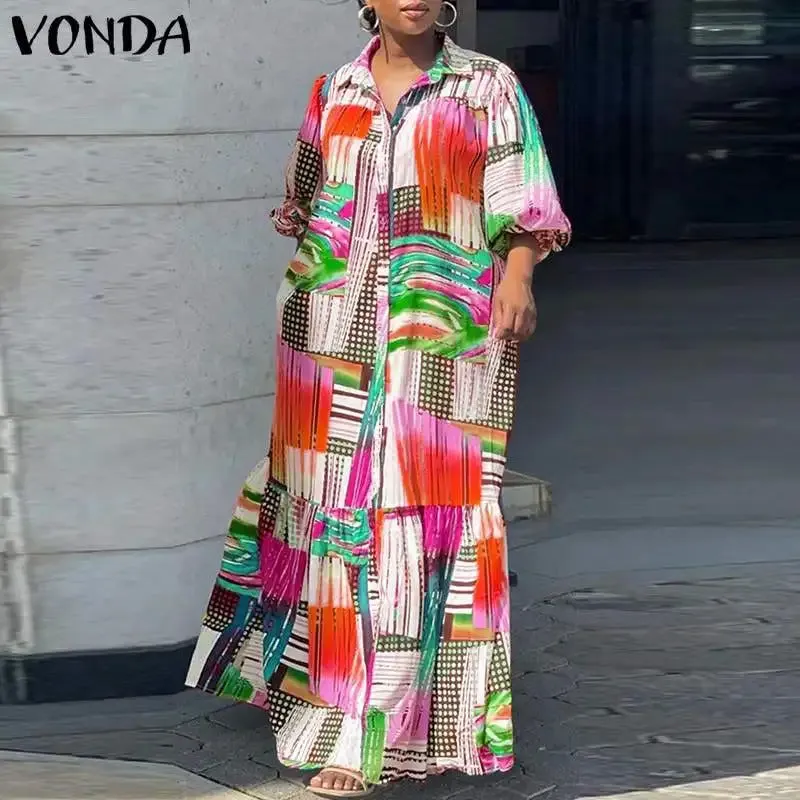 VONDA Plus Size Bohemian Printed Dress 2024 Autumn Women Elegant Long Sleeve Vintage Maxi Sundress Casual Buttons Loose Robe 5XL