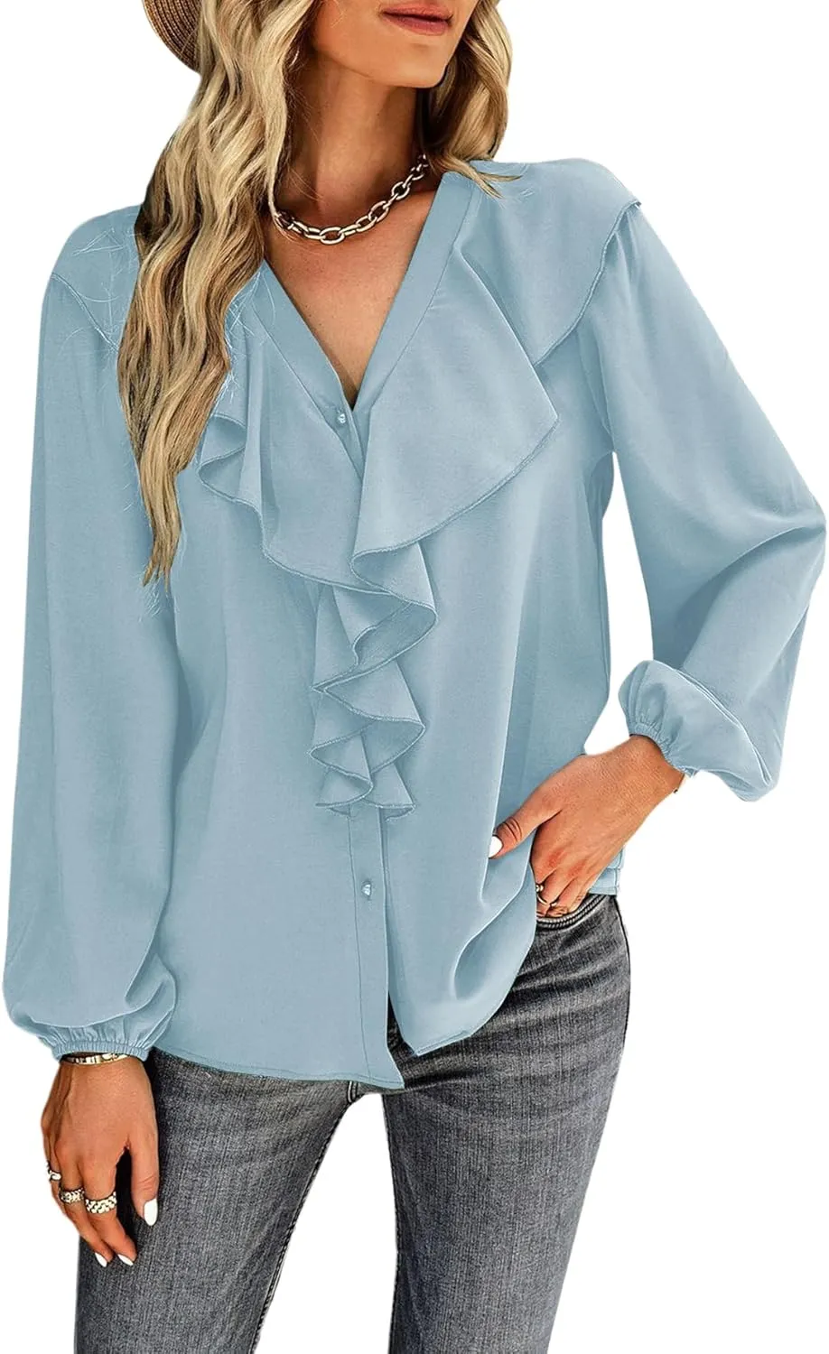 Vrtige Women's V Neck Ruffle Front Button Down Long Sleeve Blouse Top Shirt