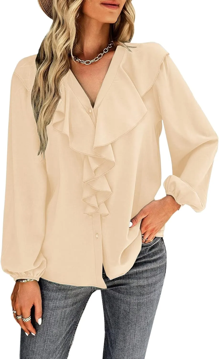 Vrtige Women's V Neck Ruffle Front Button Down Long Sleeve Blouse Top Shirt