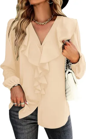 Vrtige Women's V Neck Ruffle Front Button Down Long Sleeve Blouse Top Shirt