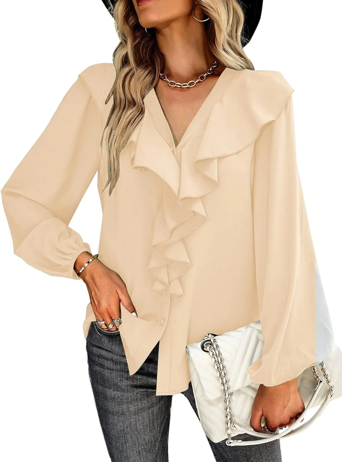 Vrtige Women's V Neck Ruffle Front Button Down Long Sleeve Blouse Top Shirt