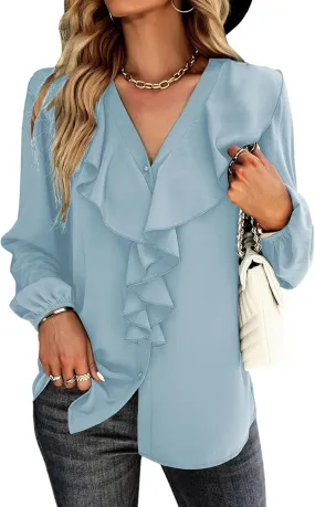 Vrtige Women's V Neck Ruffle Front Button Down Long Sleeve Blouse Top Shirt