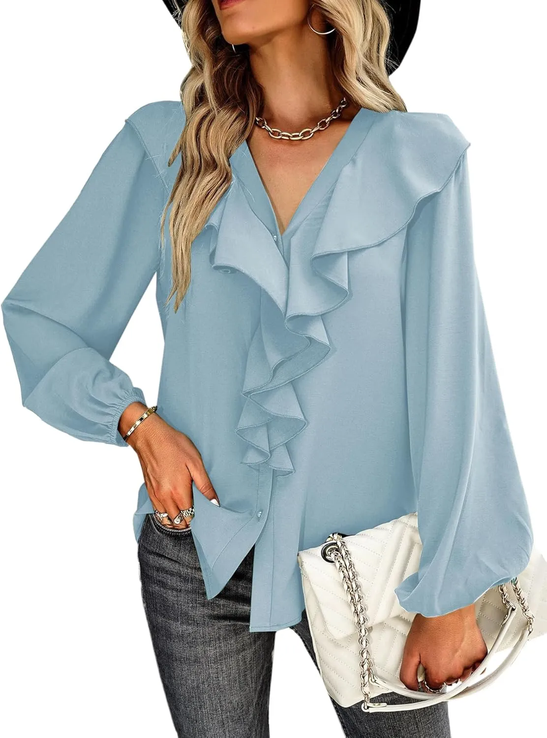 Vrtige Women's V Neck Ruffle Front Button Down Long Sleeve Blouse Top Shirt