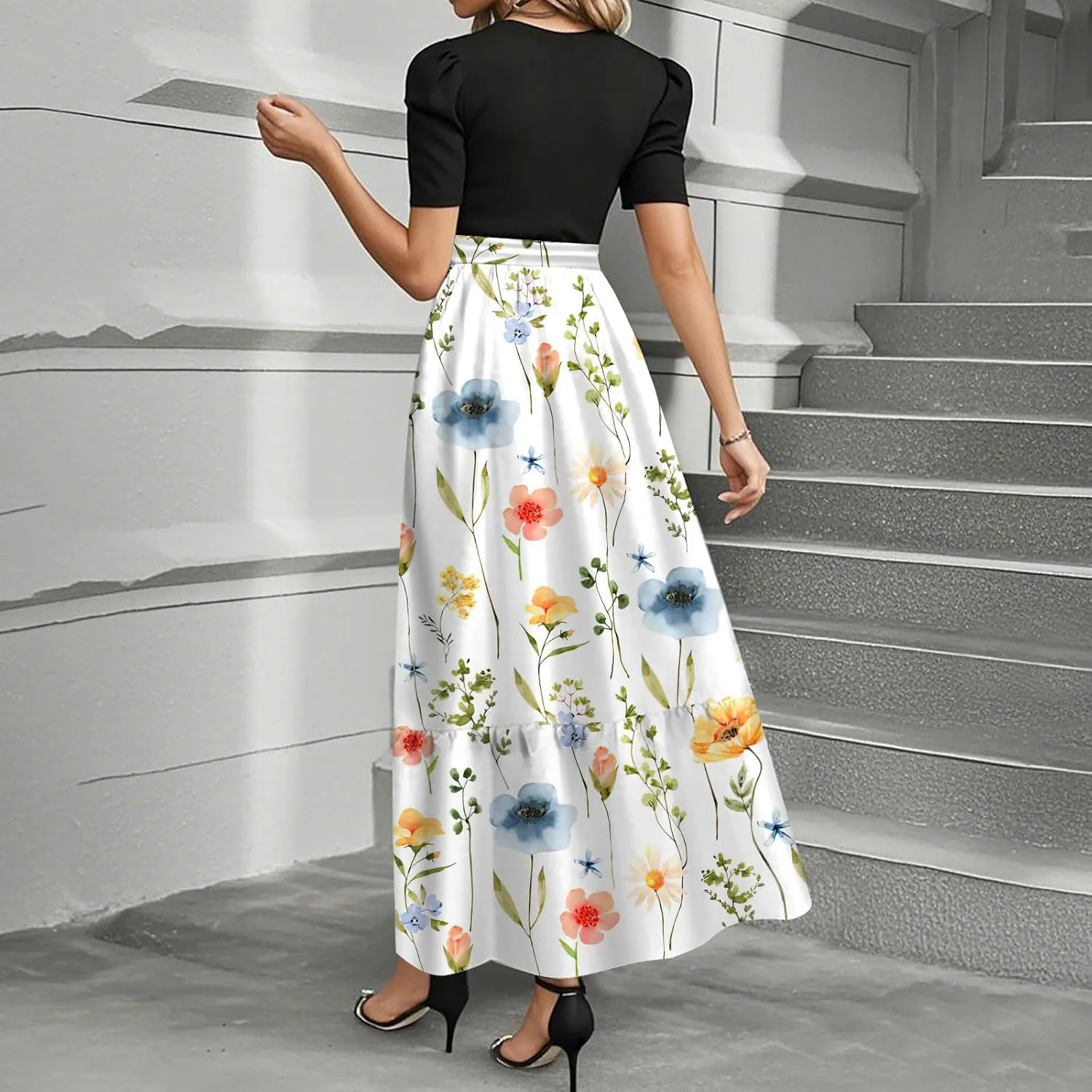 Wedding Guest Dresses for Women Summer Flowy Short Sleeve Floral Long Dress Elegant Party Cocktail A Line Flowy Maxi Dress