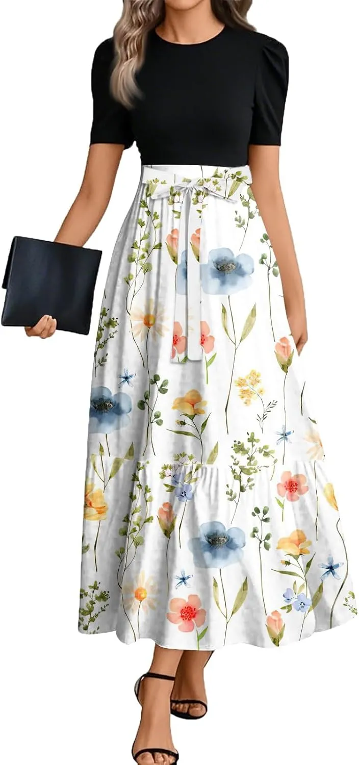 Wedding Guest Dresses for Women Summer Flowy Short Sleeve Floral Long Dress Elegant Party Cocktail A Line Flowy Maxi Dress