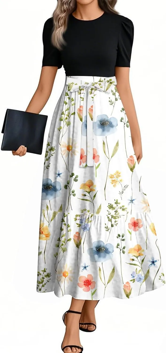 Wedding Guest Dresses for Women Summer Flowy Short Sleeve Floral Long Dress Elegant Party Cocktail A Line Flowy Maxi Dress