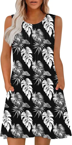 Women Casual A-Line Dress with Pockets 2025 Sleeveless Boho Tank Dress Knee Length Sundress Loose T-Shirt Dresses