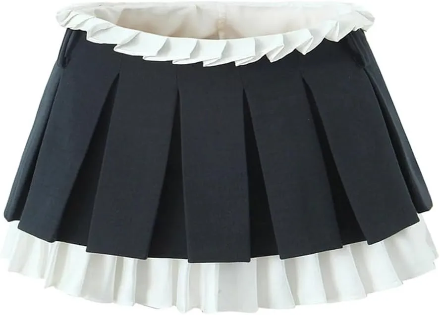 Women Pleated Slim Mini Skirt Sexy Low Waist Super Short Skirts Chic Patchwork Skorts