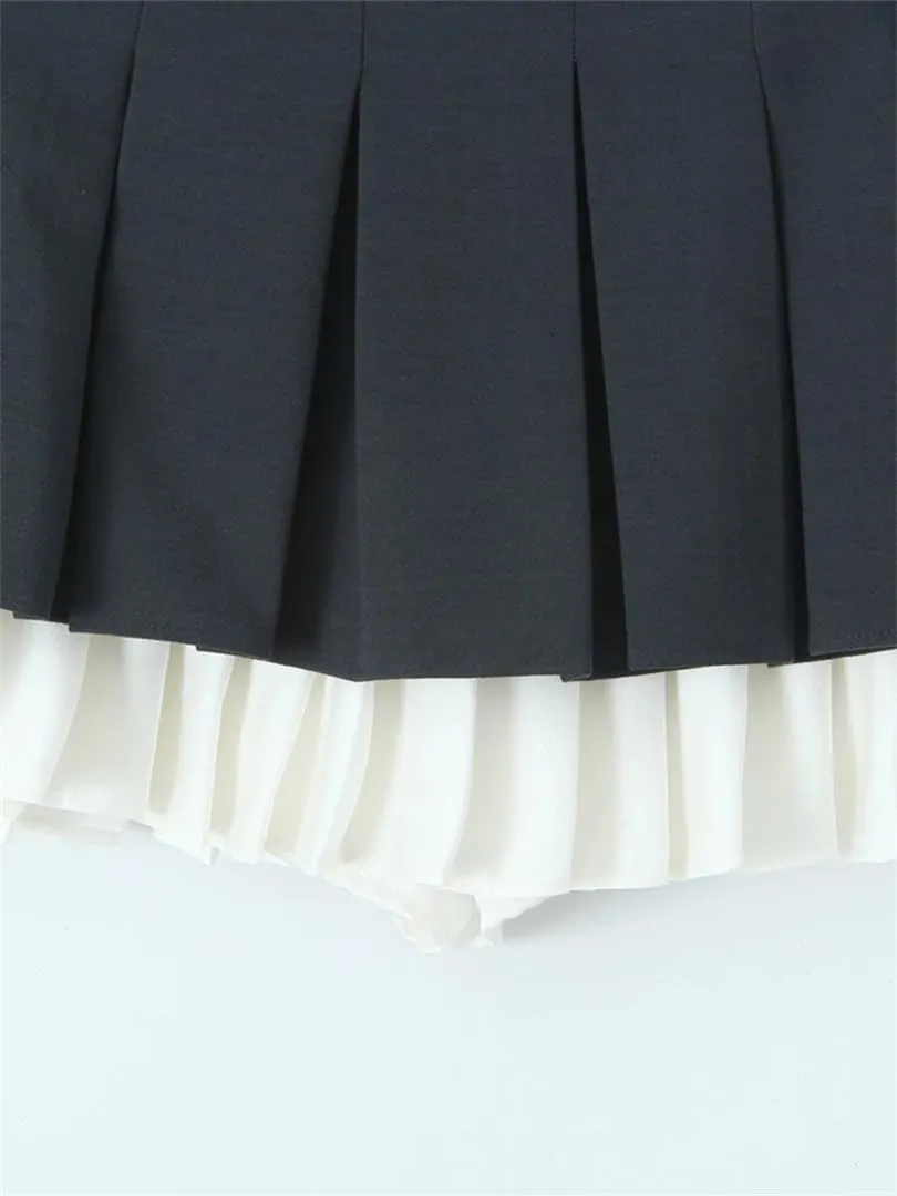 Women Pleated Slim Mini Skirt Sexy Low Waist Super Short Skirts Chic Patchwork Skorts