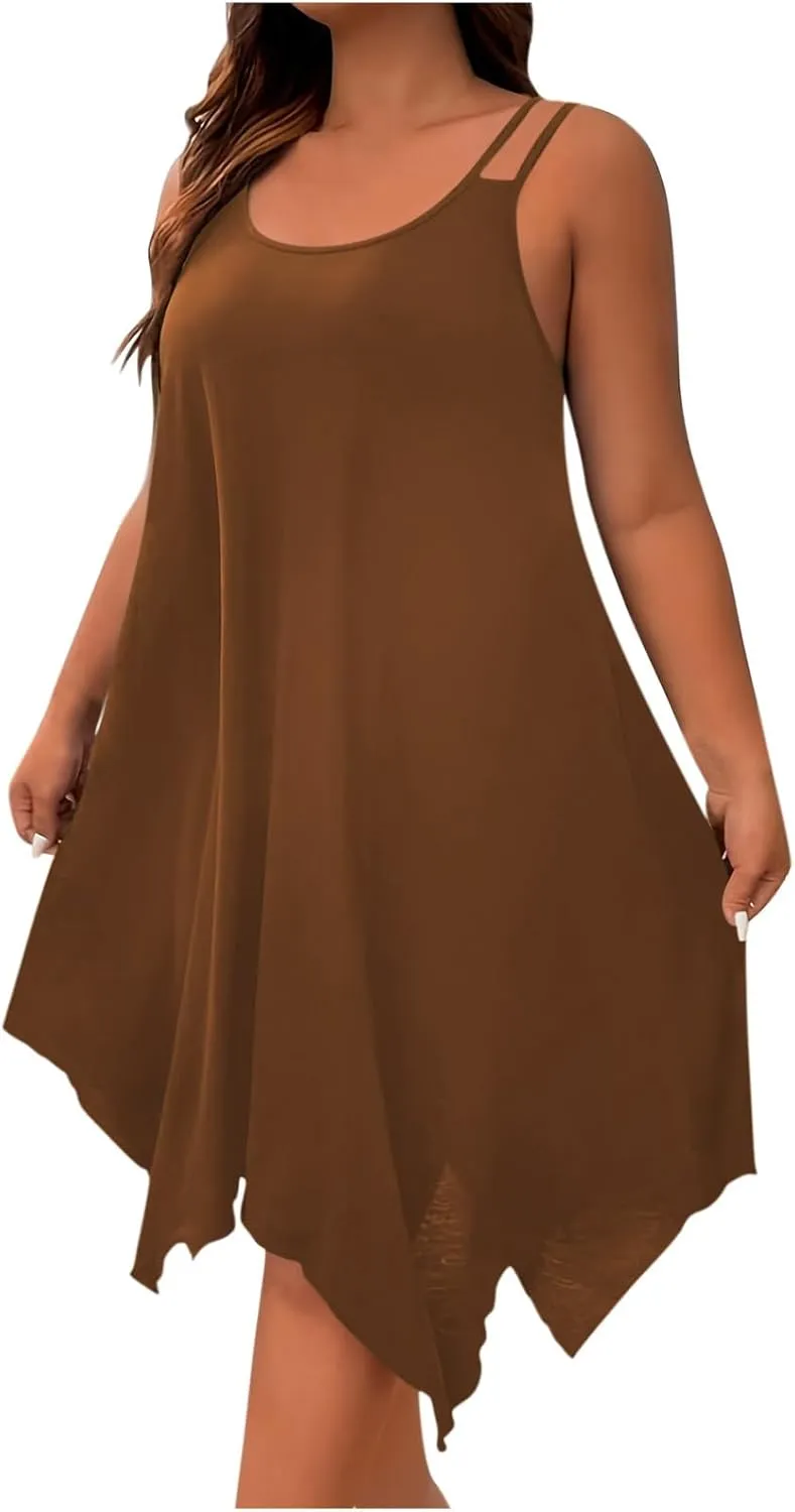 Women Plus Size Dresses Summer Spaghetti Strap Sundress Irregular Hem Midi Tank Dress 2025 Beach Fashion