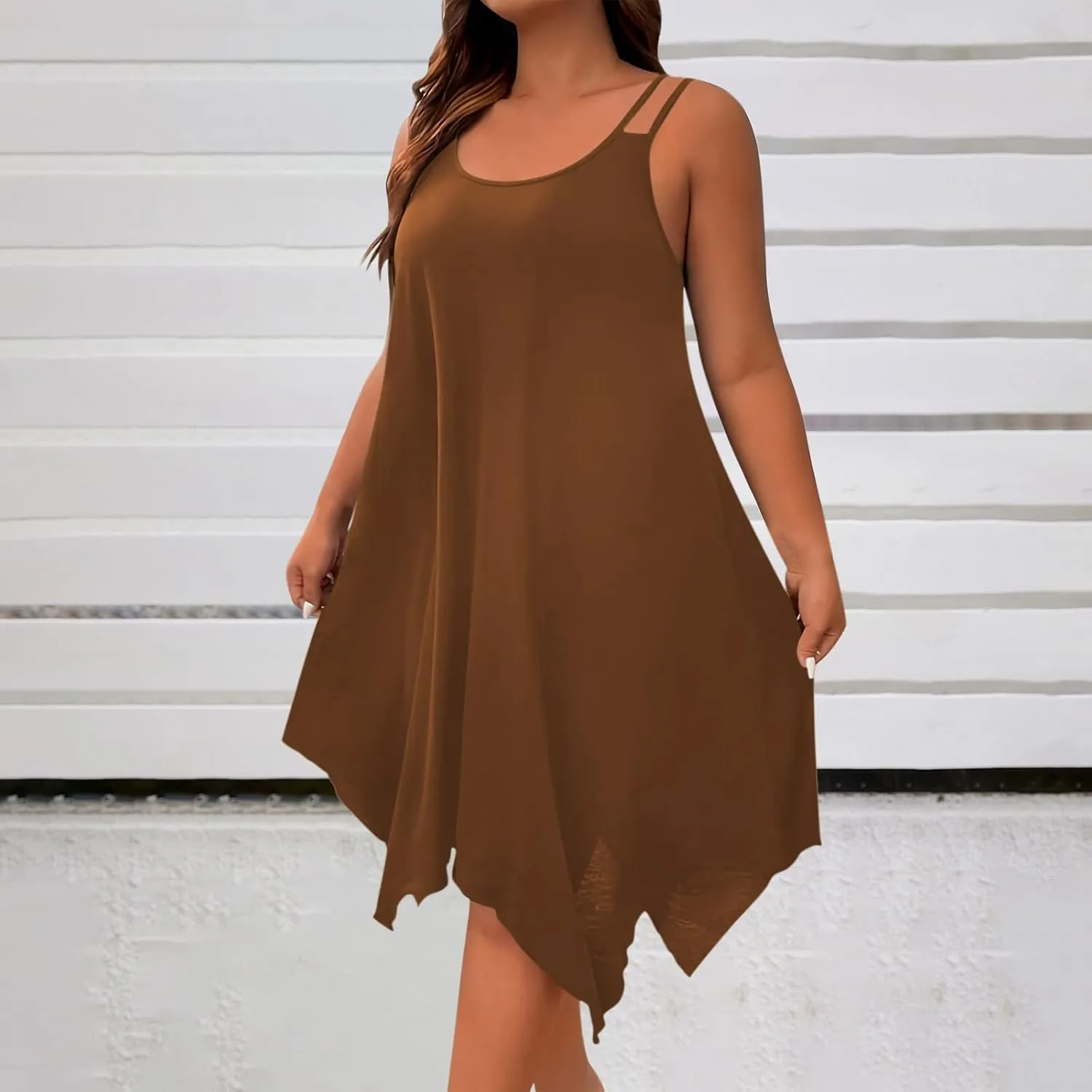 Women Plus Size Dresses Summer Spaghetti Strap Sundress Irregular Hem Midi Tank Dress 2025 Beach Fashion