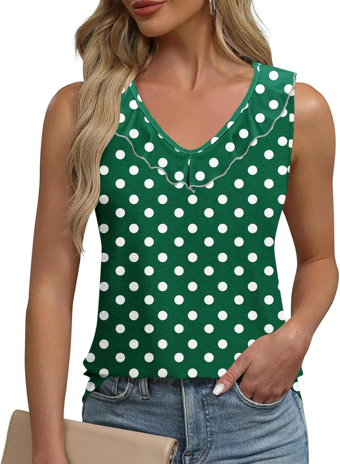 Women Polka Dot Summer Tank Tops, Sleeveless Ruffle Trim V-Neck Casual Vacation Shirts Soft Comfy Loose Daily Clothes