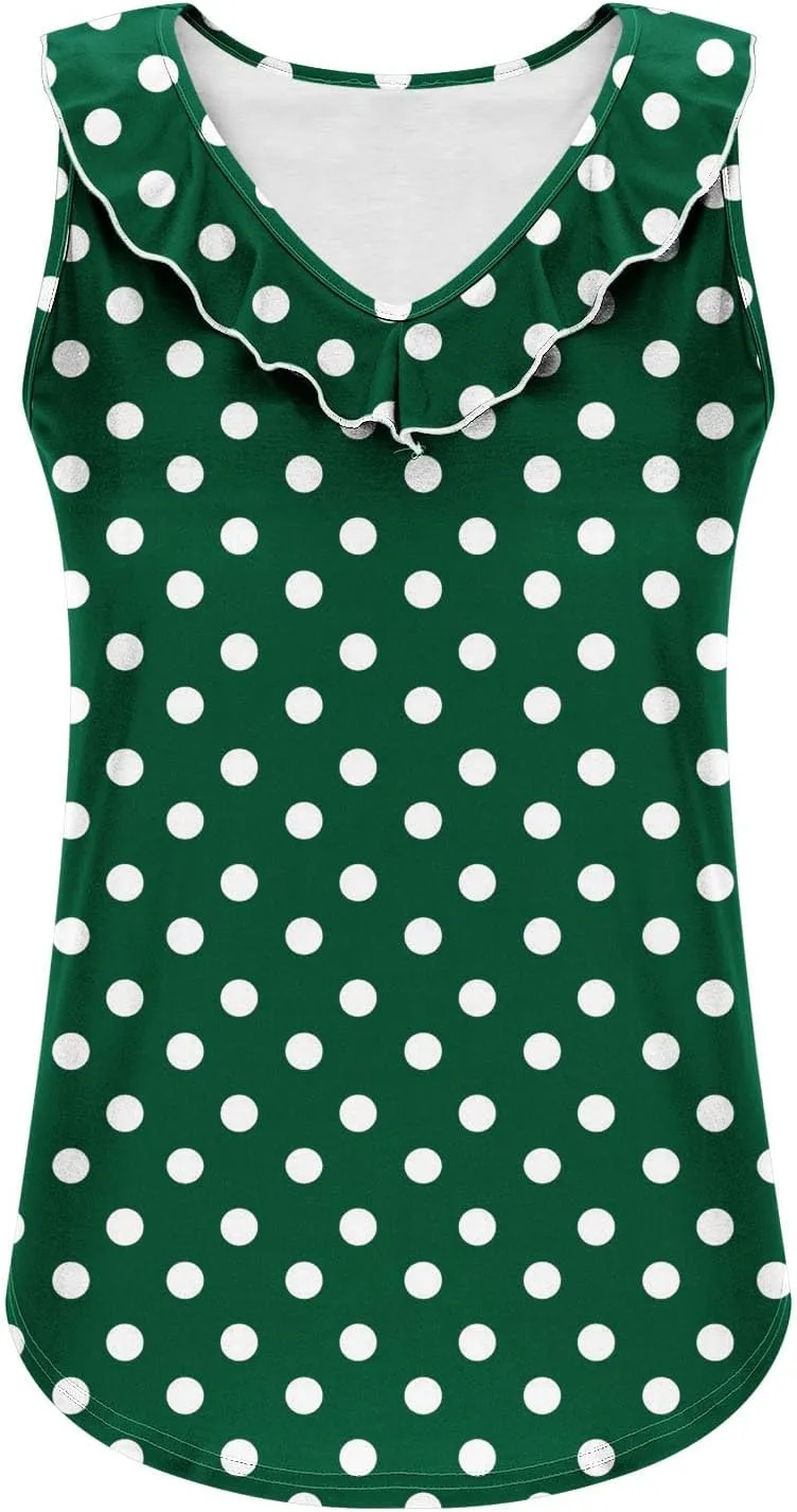Women Polka Dot Summer Tank Tops, Sleeveless Ruffle Trim V-Neck Casual Vacation Shirts Soft Comfy Loose Daily Clothes