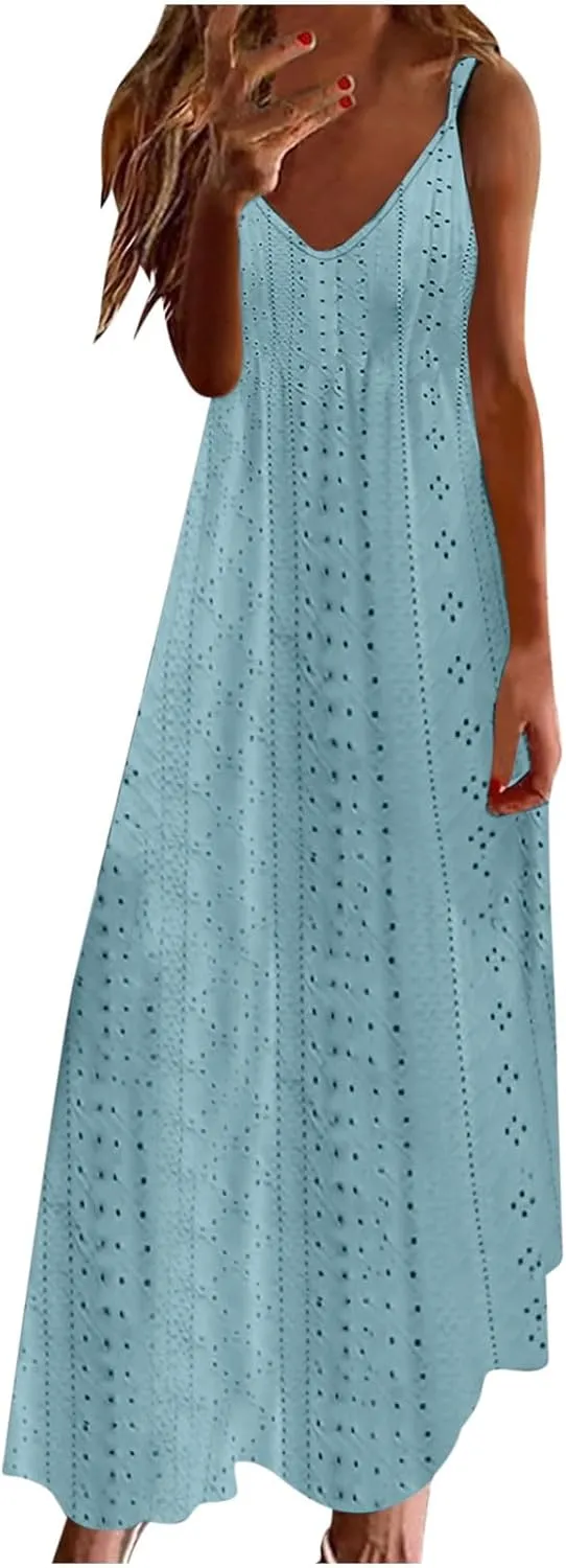 Women Summer 2025 Maxi Dresses Vacation Hollow Out Spaghetti Strap Sundress V Neck Ankle Length Ladies Dress