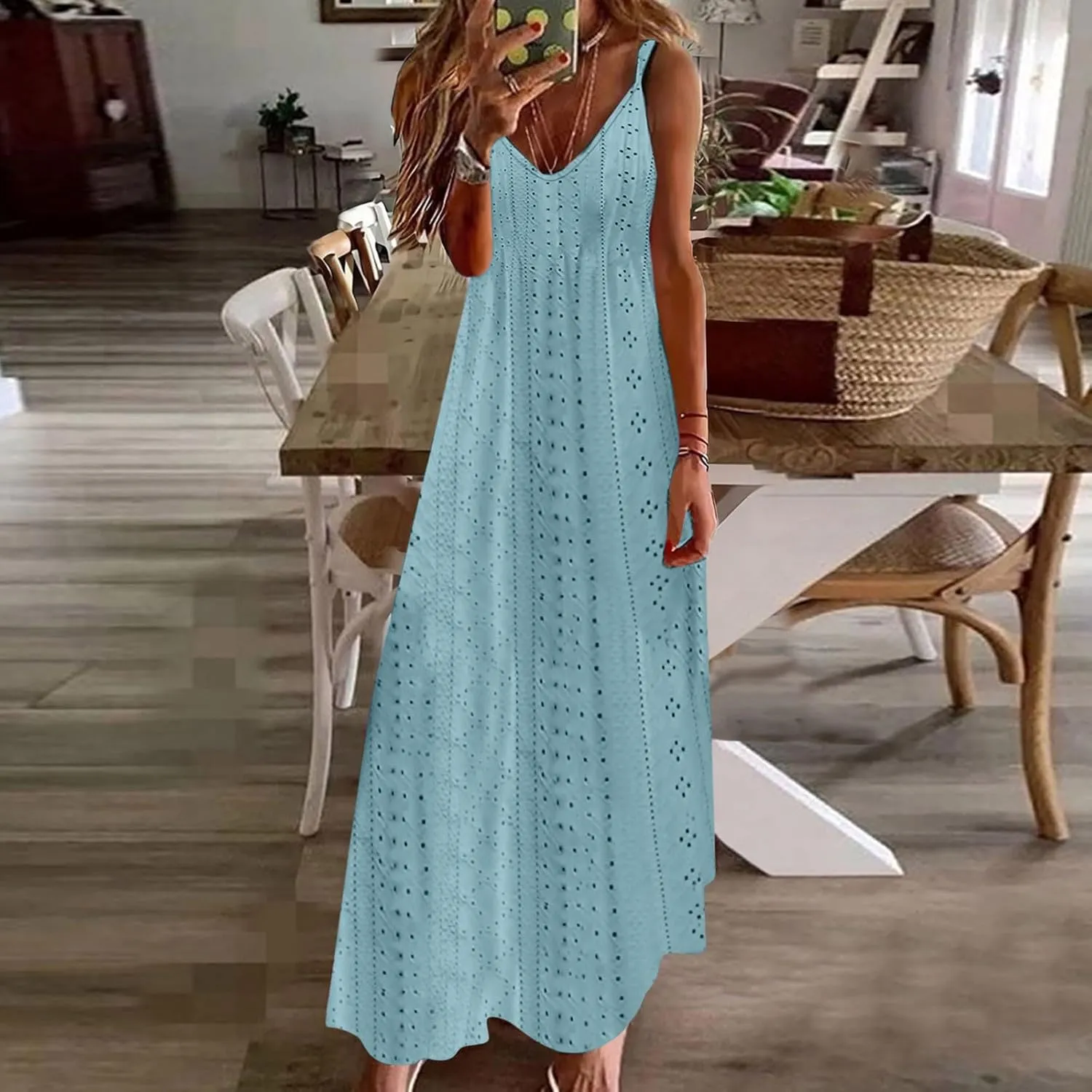 Women Summer 2025 Maxi Dresses Vacation Hollow Out Spaghetti Strap Sundress V Neck Ankle Length Ladies Dress