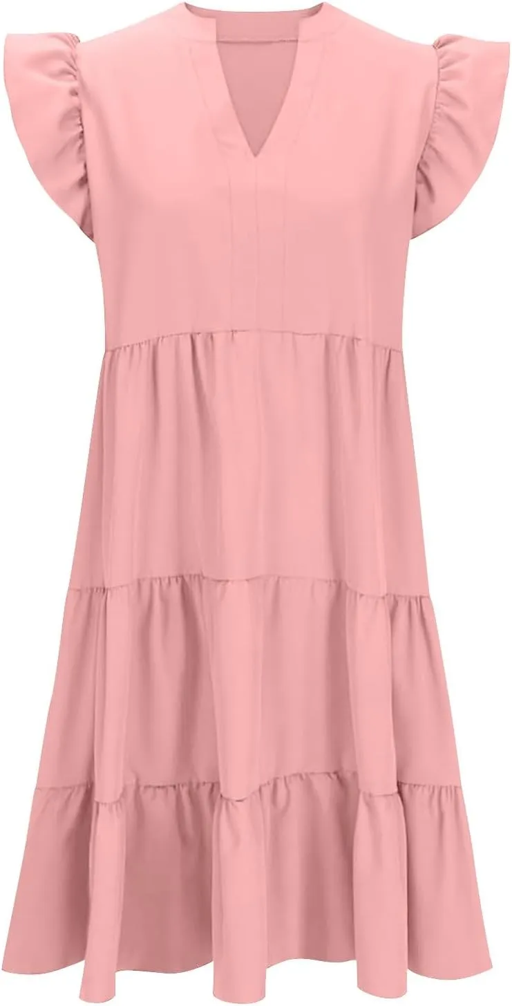 Women Summer Dresses Ruffle Cap Sleeve V Neck High Elastic Waist Tiered Pleated Solid Color A Line Midi Dress