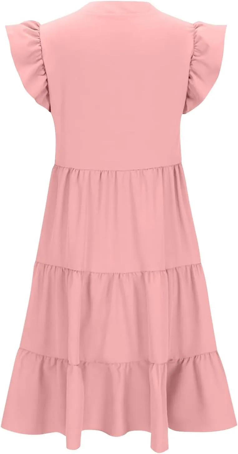Women Summer Dresses Ruffle Cap Sleeve V Neck High Elastic Waist Tiered Pleated Solid Color A Line Midi Dress