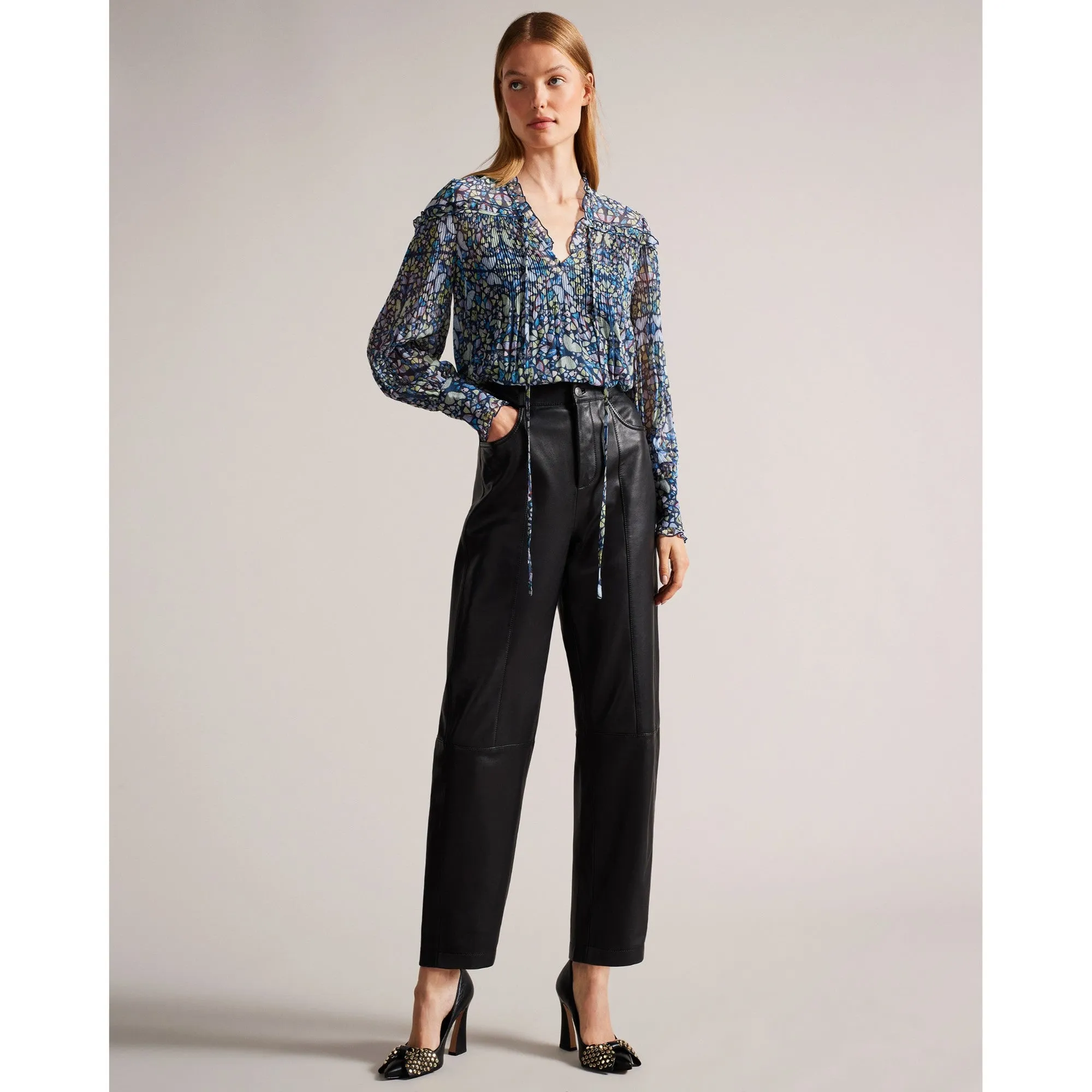 Women Wmb-Florrei-Swing Blouse With Ruffle Detail And Neck Tie - Mid-Blue