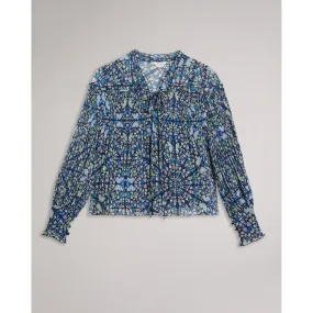 Women Wmb-Florrei-Swing Blouse With Ruffle Detail And Neck Tie - Mid-Blue