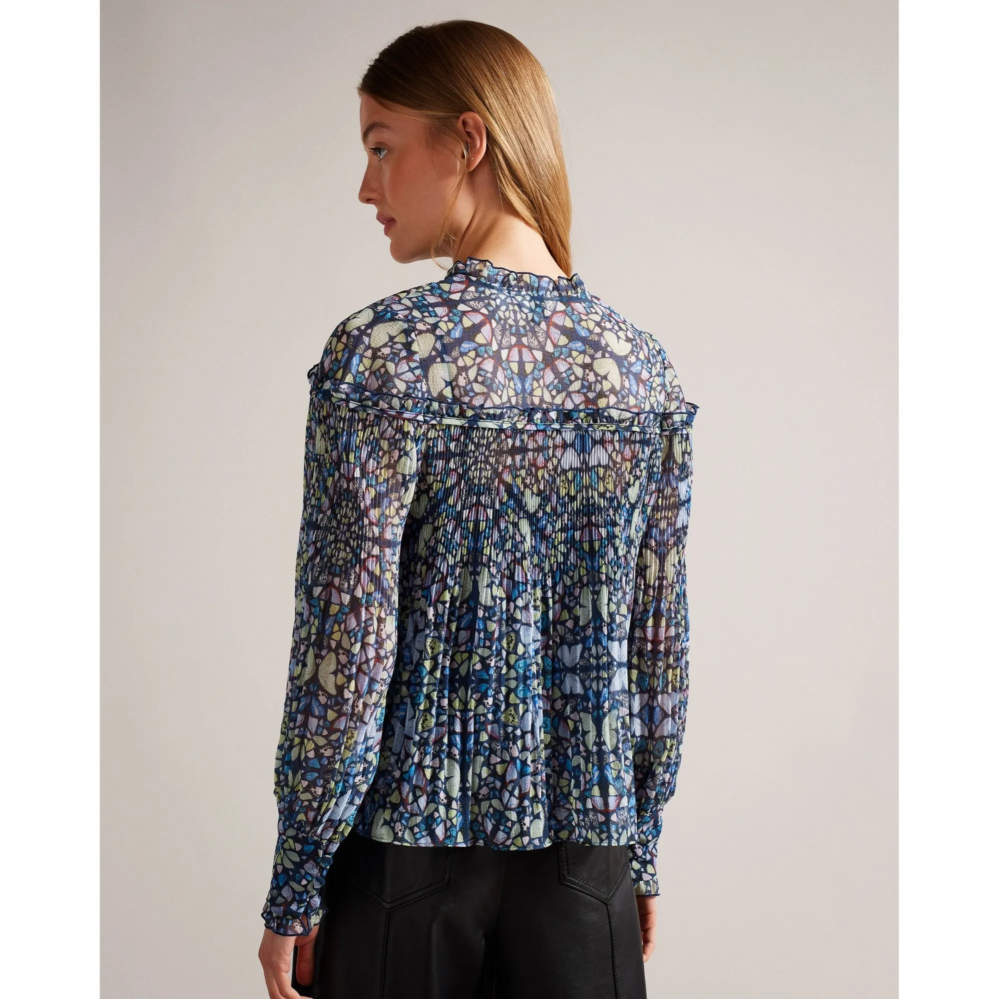 Women Wmb-Florrei-Swing Blouse With Ruffle Detail And Neck Tie - Mid-Blue