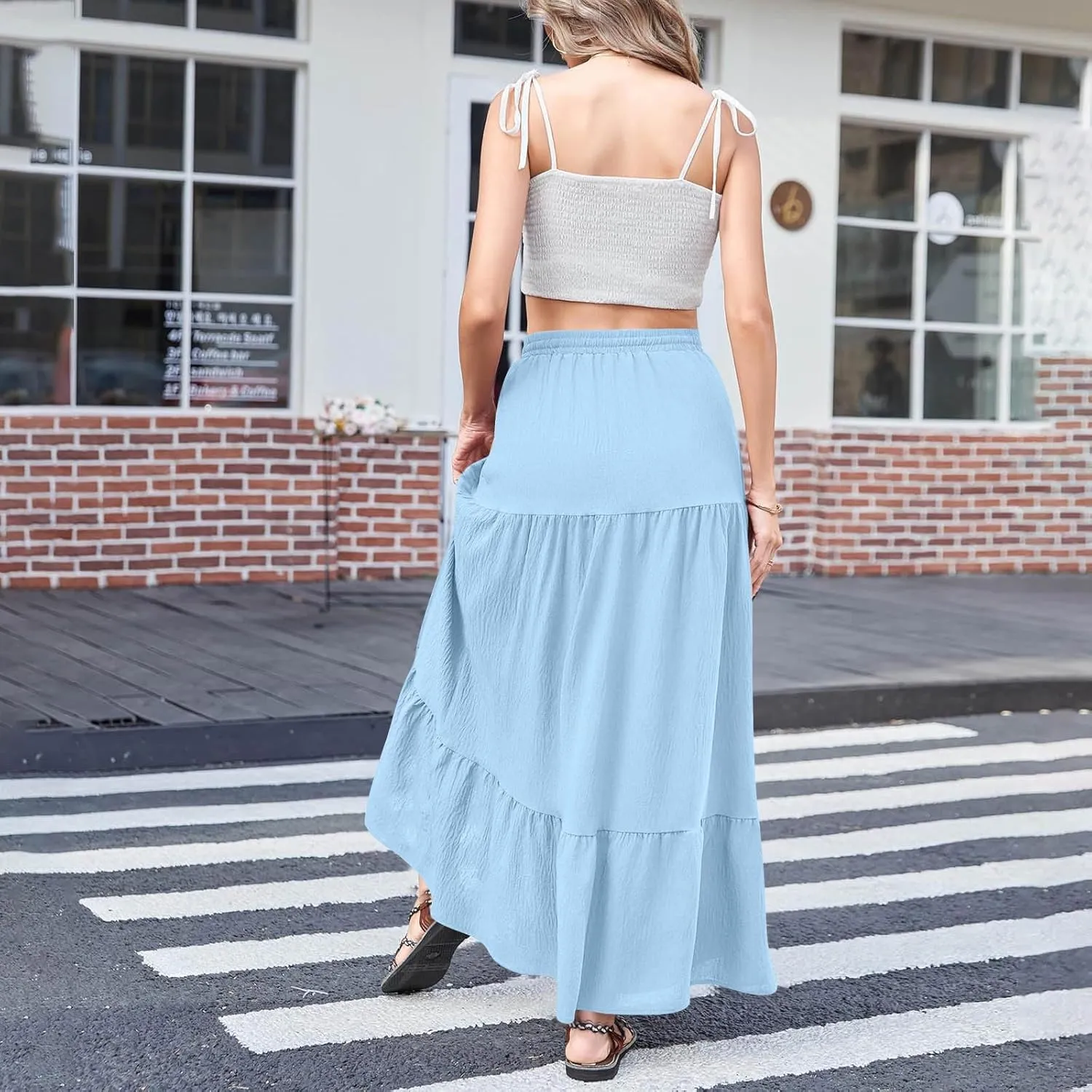 Women's 2025 Summer Skirt Boho Side Slit Flowy Maxi Skirt Trendy Elastic Waist A Line Tiered Beach Long Skirts