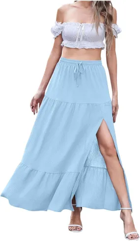 Women's 2025 Summer Skirt Boho Side Slit Flowy Maxi Skirt Trendy Elastic Waist A Line Tiered Beach Long Skirts