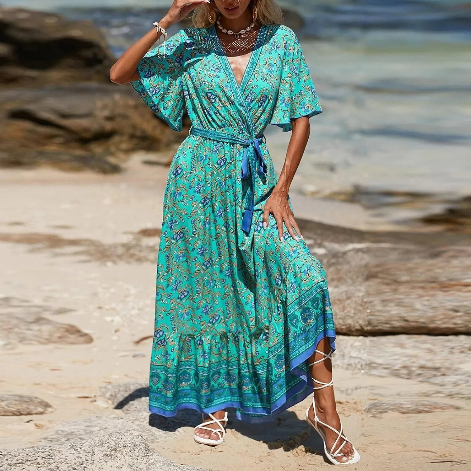 Womens Boho Dress Spring Short Sleeve Elegant Tie Waist Sundress V-Neck Trendy Beach Belted Long Dresses